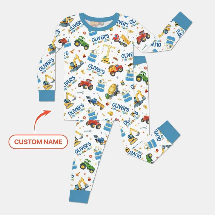 Custom Name Little Builder's Birthday Bamboo Two Piece Long Sleeve Pajama Set