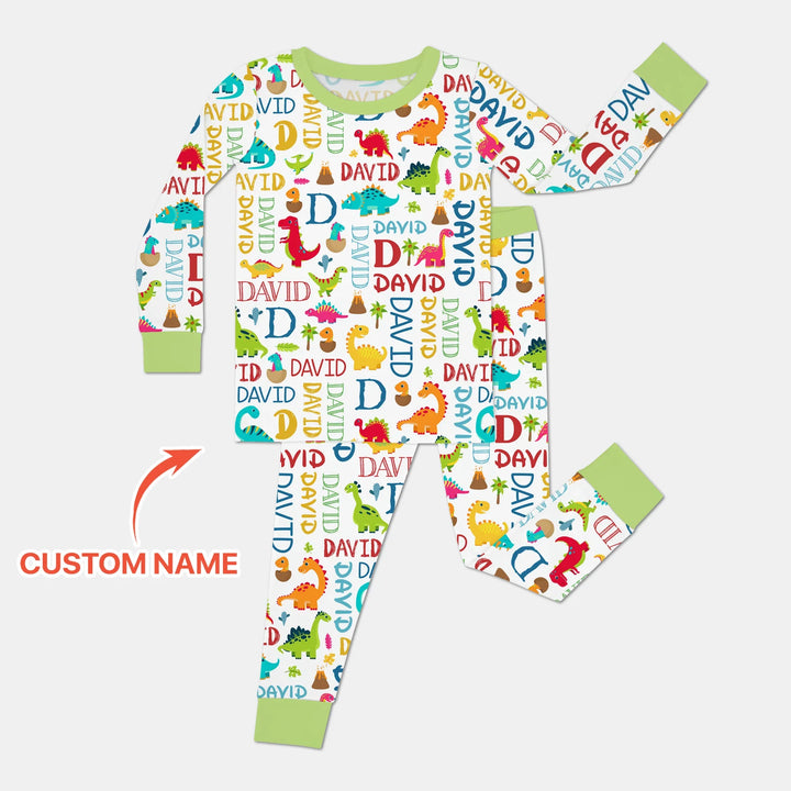 Personalized Fantasy Dinosaur Word Bamboo Two Piece Long Sleeve Pajama Set
