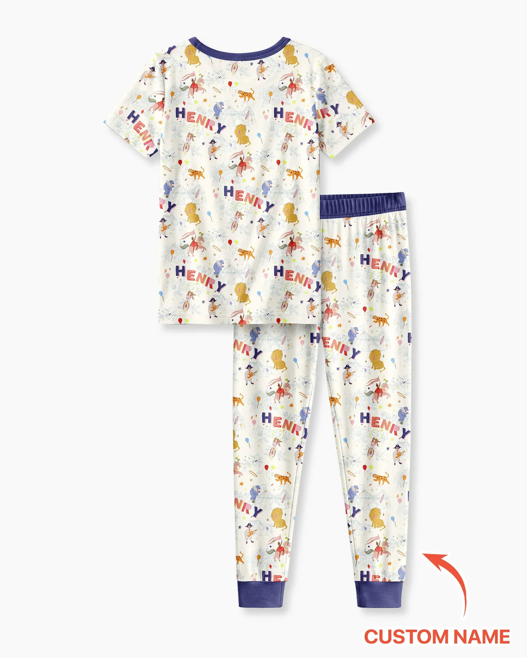 Custom Name Circus Toile Bamboo Two Piece Short Sleeve Pajama Set