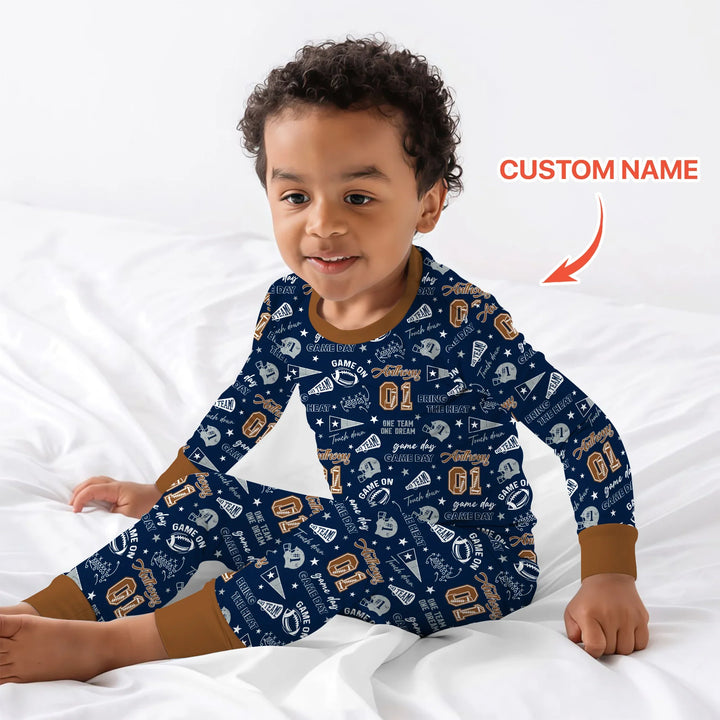 Custom Name Football Game Day Bamboo Two Piece Long Sleeve Pajama Set
