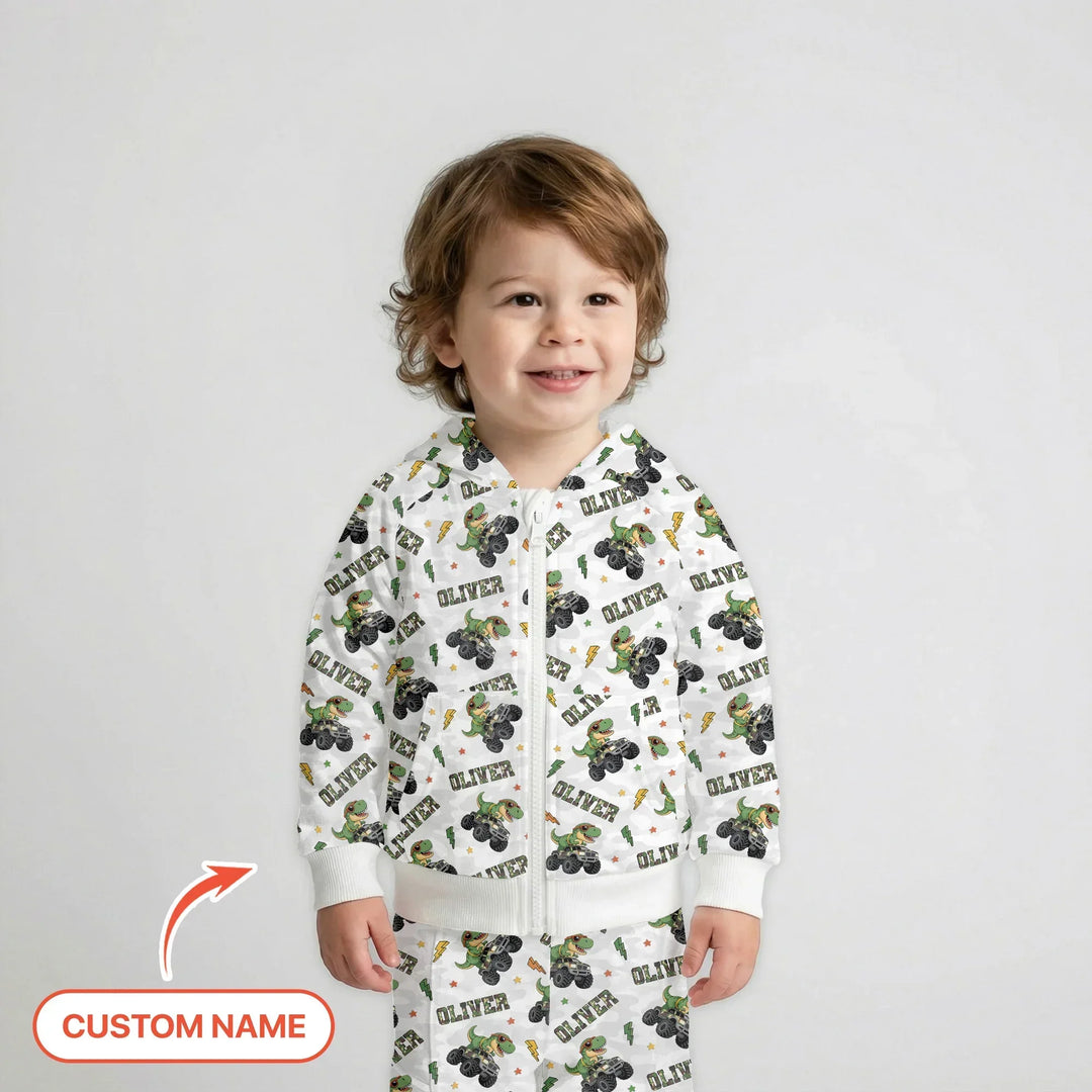Custom Name Camo Trucker Dino Bamboo Zip Hoodie