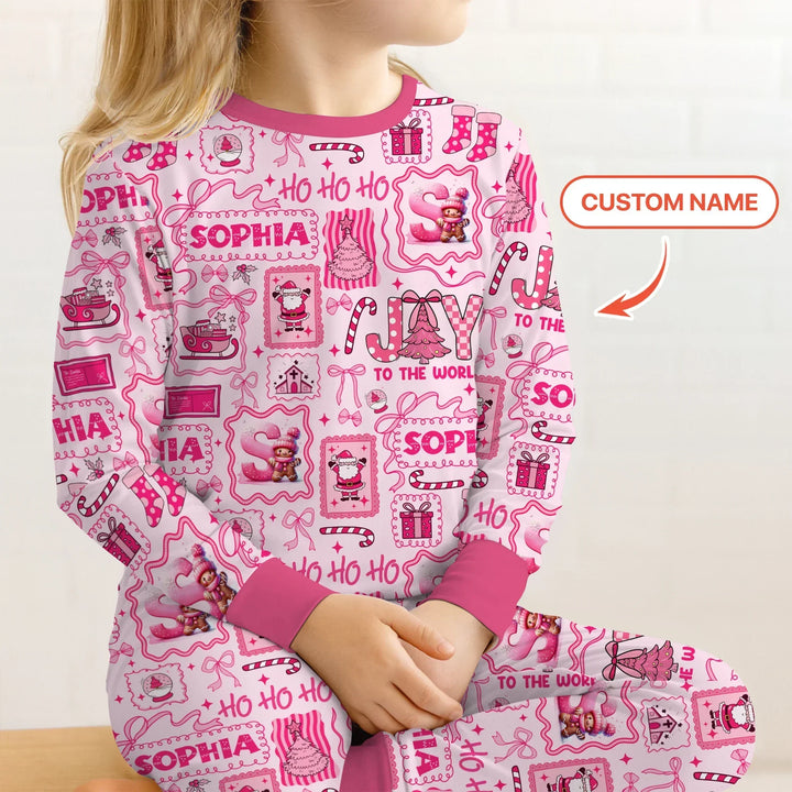 Custom Name Preppy Pink Christmas Two Piece Long Sleeve Pajama Set , Custom Name Preppy Pink Christmas Two Piece Long Sleeve Pajama Set - 12-18M