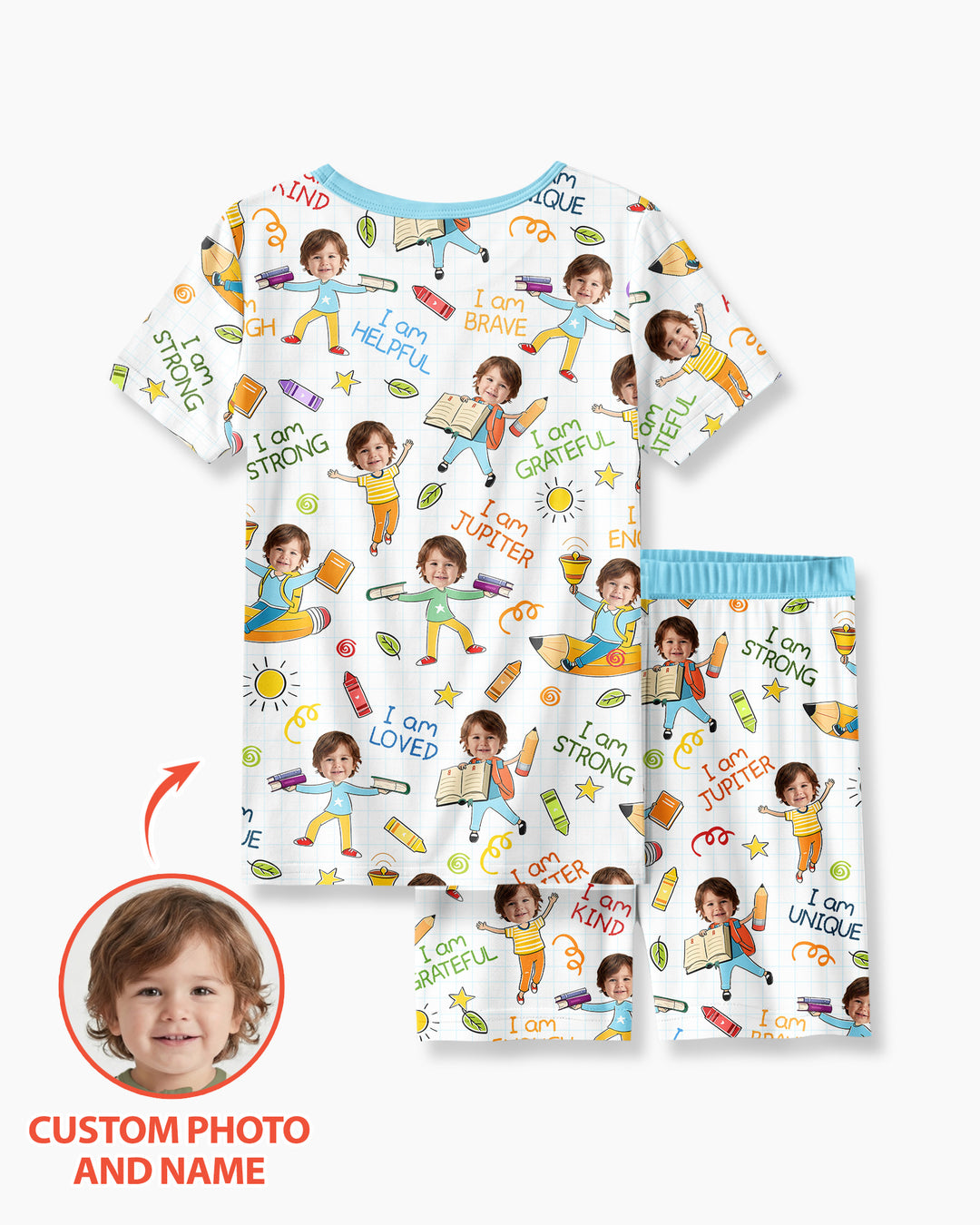 Custom Photo Kid Affirmations I Am Kind Bamboo Two Piece Short Sleeve Shorts Pajama Set
