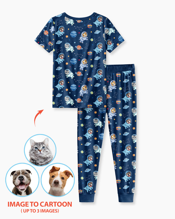 Astronaut Custom Pet Image Family Matching Bamboo Two Piece Short Sleeve Pajama Set