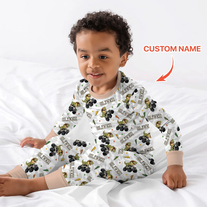 Custom Name Camo Trucker Dino Bamboo Two Piece Long Sleeve Pajama Set