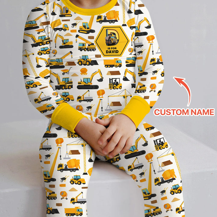 Custom Name Construction Initials Bamboo Two Piece Long Sleeve Pajama Set