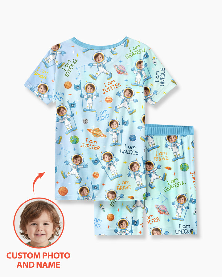 Custom Photo Kid Affirmations I Am Kind Astronaut Bamboo Two Piece Short Sleeve Pajama Set