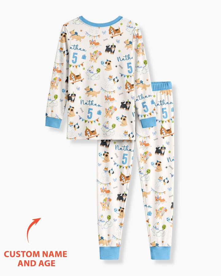 Custom Name Birthday Dogs Party Bamboo Two Piece Long Sleeve Pajama Set