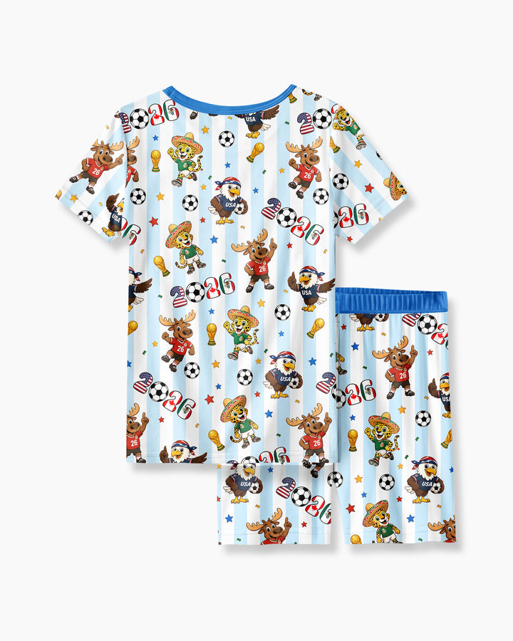 Striped Cute Mascots Soccer Cup 2026 Bamboo Two Piece Short Sleeve Shorts Pajama Set