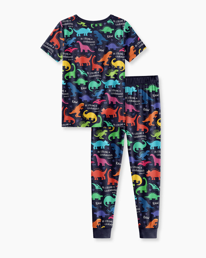 Be Strong and Courageous Dinosaur Christian Bamboo Two Piece Short Sleeve Pajama Set