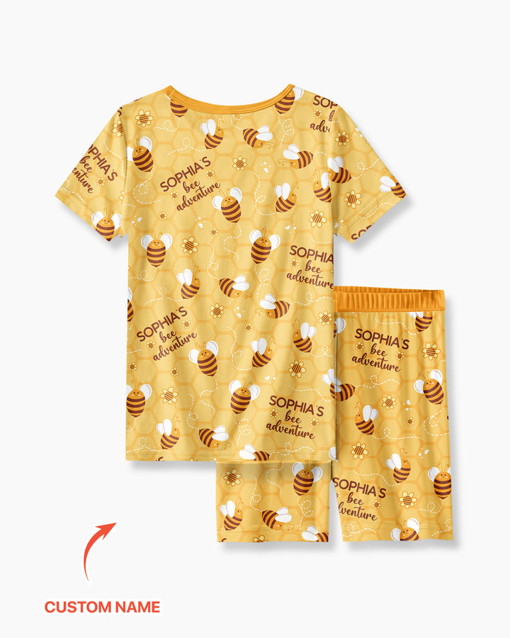 Custom Name Bee Back To School Bamboo Two Piece Short Sleeve Shorts Pajama Set