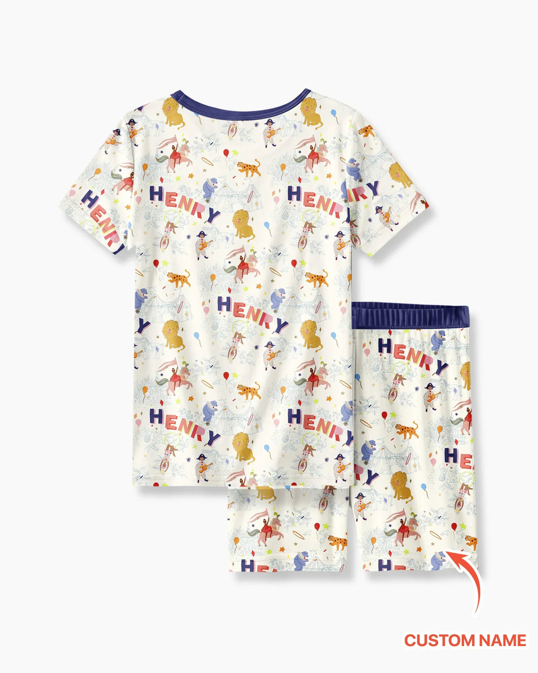 Custom Name Circus Toile Bamboo Two Piece Short Sleeve Shorts Pajama Set