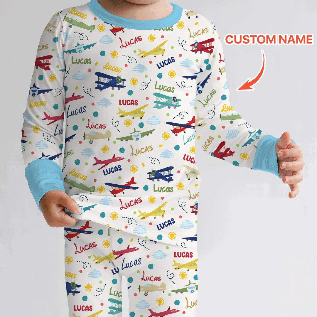 Custom Name Air Transport Bamboo Two Piece Long Sleeve Pajama Set