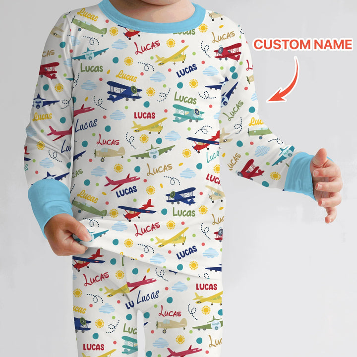 Custom Name Air Transport Bamboo Two Piece Long Sleeve Pajama Set