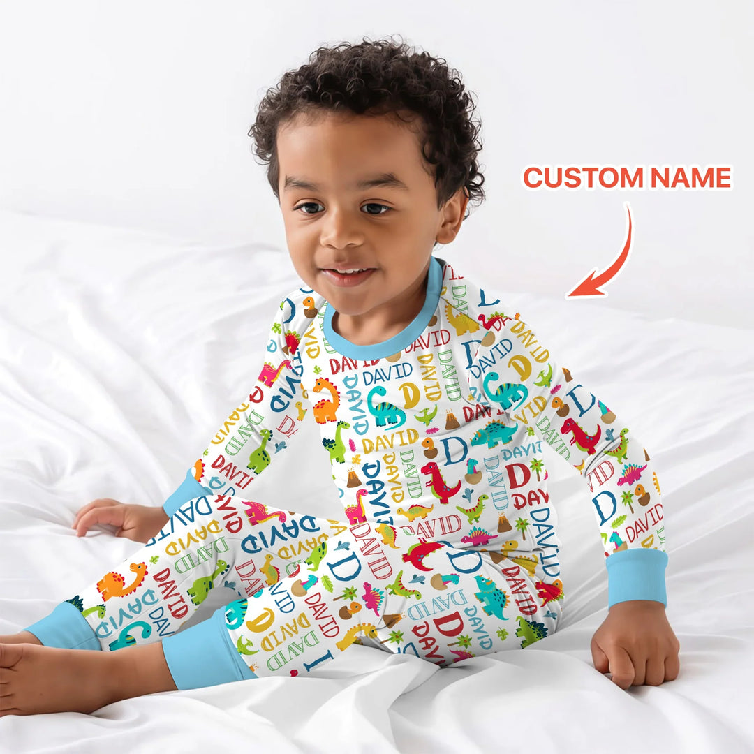 Personalized Fantasy Dinosaur Word Bamboo Two Piece Long Sleeve Pajama Set