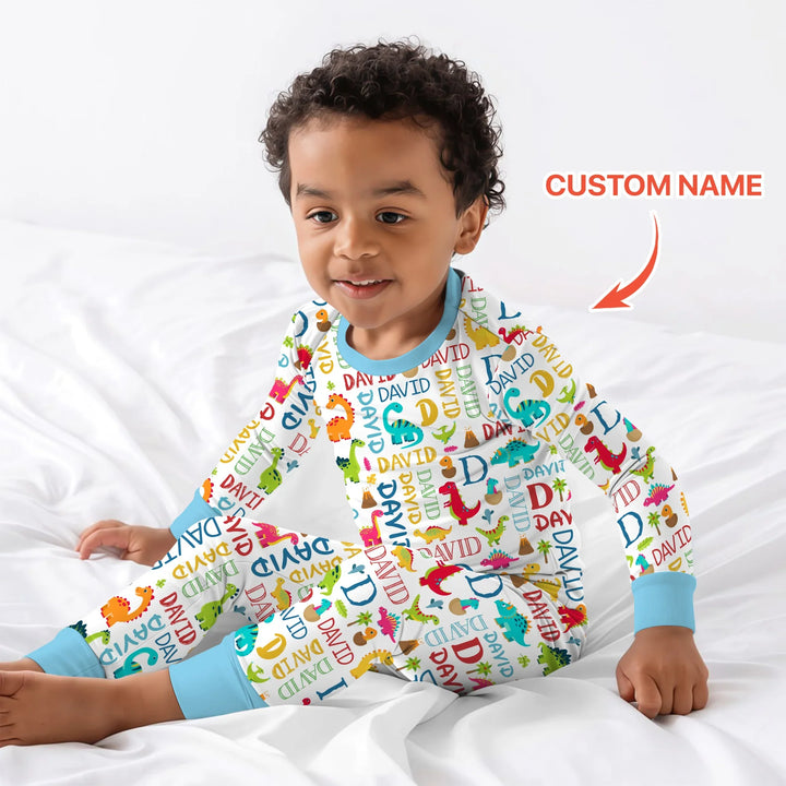 Personalized Fantasy Dinosaur Word Bamboo Two Piece Long Sleeve Pajama Set
