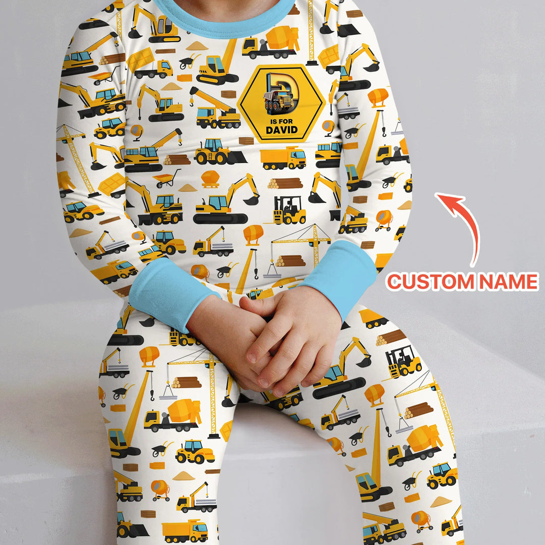 Custom Name Construction Initials Bamboo Two Piece Long Sleeve Pajama Set