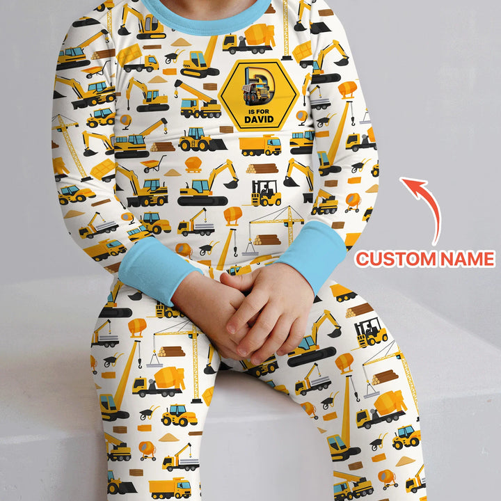 Custom Name Construction Initials Bamboo Two Piece Long Sleeve Pajama Set