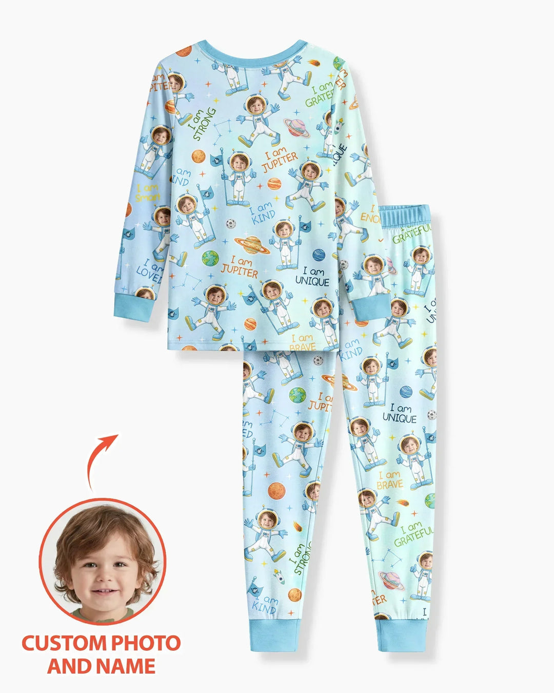 Custom Photo Kid Affirmations I Am Kind Astronaut Bamboo Two Piece Long Sleeve Pajama Set