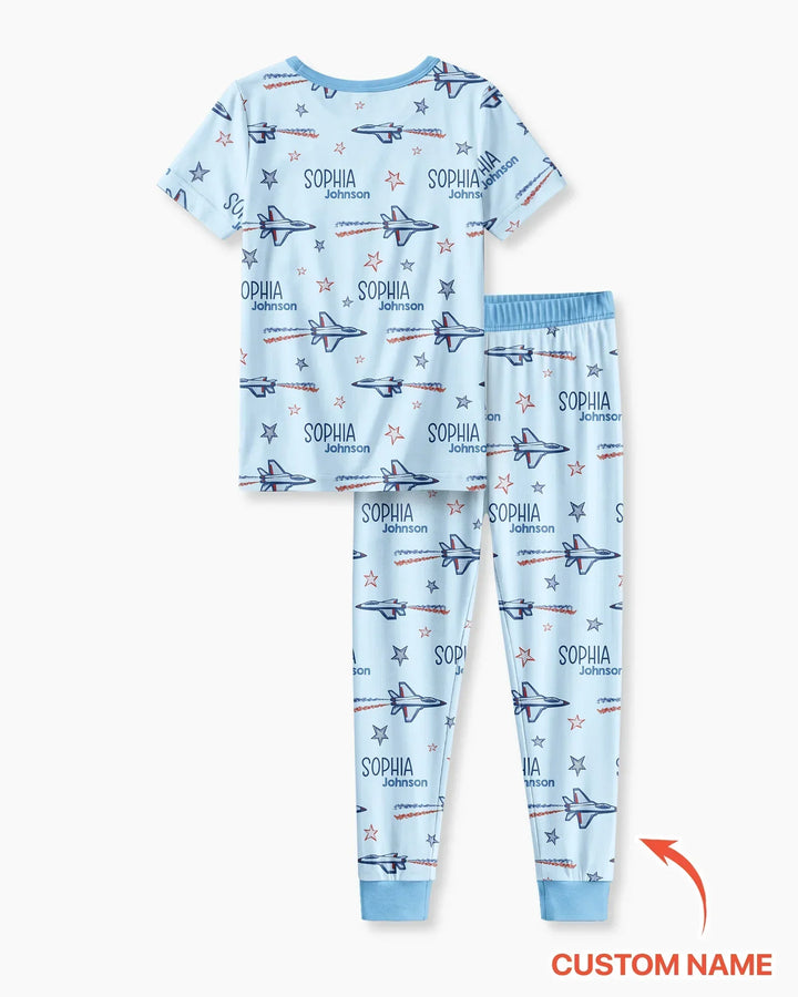 Patriotic American Flag Jet Fighter Bamboo Two Piece Short Sleeve Pajama Set