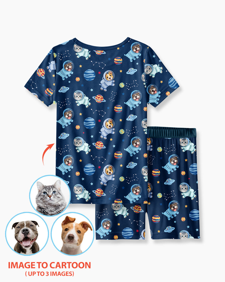 Astronaut Custom Pet Image Family Matching Bamboo Two Piece Short Sleeve Shorts Pajama Set
