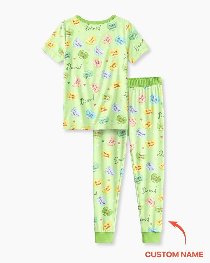 Custom Name Tennis Candy Hearts Bamboo Two Piece Short Sleeve Pajama Set