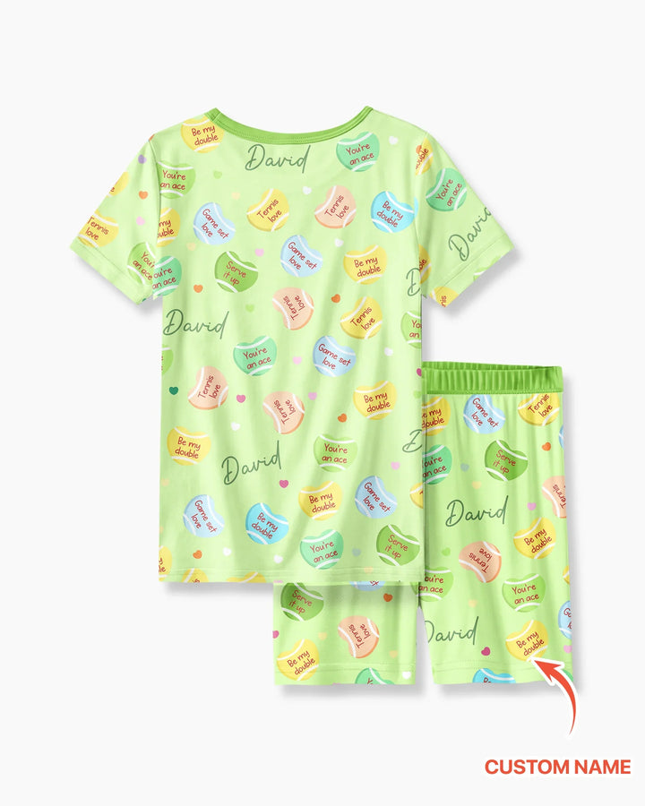 Custom Name Tennis Candy Hearts Bamboo Two Piece Short Sleeve Shorts Pajama Set