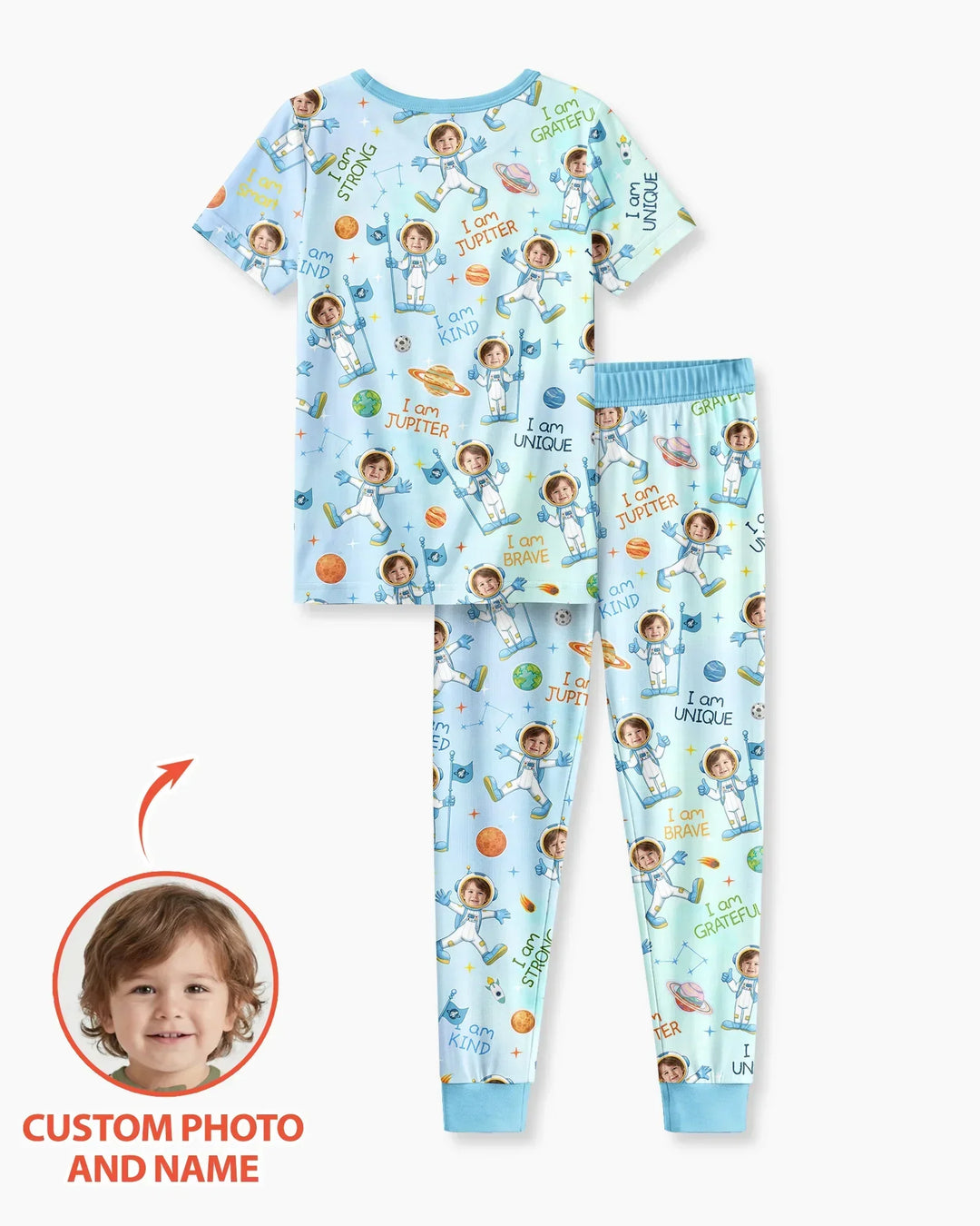 Custom Photo Kid Affirmations I Am Kind Astronaut Bamboo Two Piece Short Sleeve Shorts Pajama Set