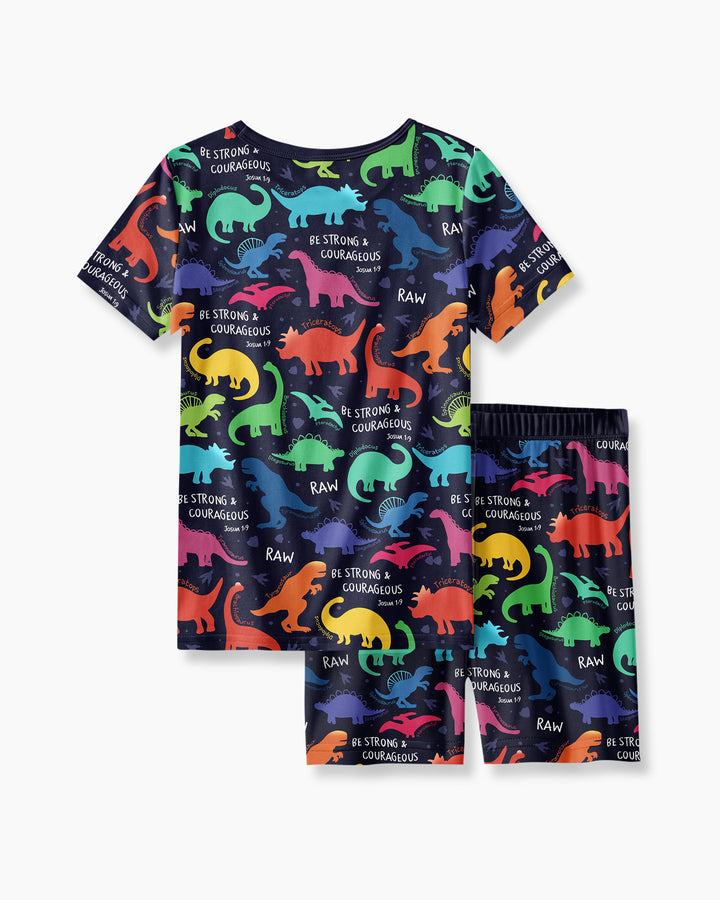 Be Strong and Courageous Dinosaur Christian Bamboo Two Piece Short Sleeve Shorts Pajama Set