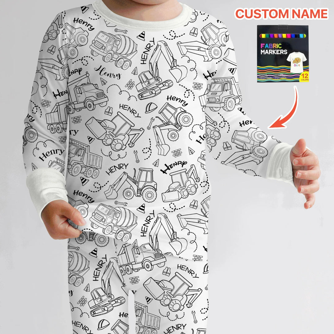 Construction Vehicules Custom Name Colorable Bamboo Two Piece Long Sleeve Pajama Set