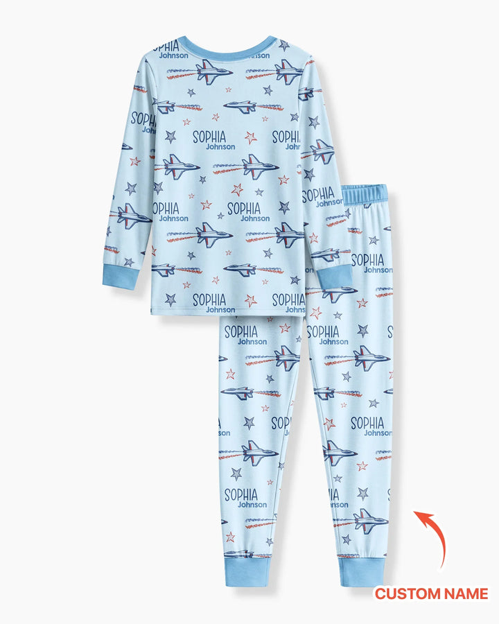Patriotic American Flag Jet Fighter Bamboo Two Piece Long Sleeve Pajama Set