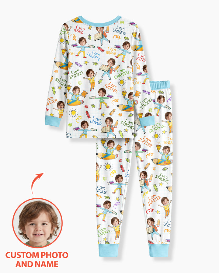 Custom Photo Kid Affirmations I Am Kind Bamboo Two Piece Long Sleeve Pajama Set