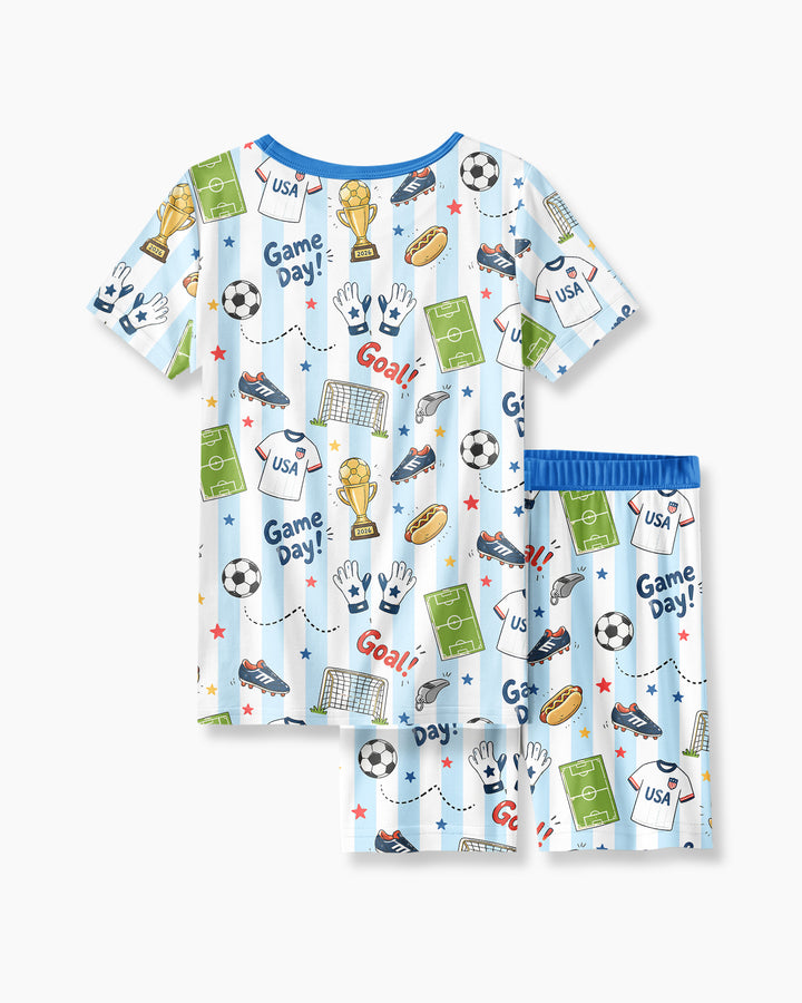 Striped Soccer Game Day Family Matching Bamboo Two Piece Short Sleeve Shorts Pajama Set