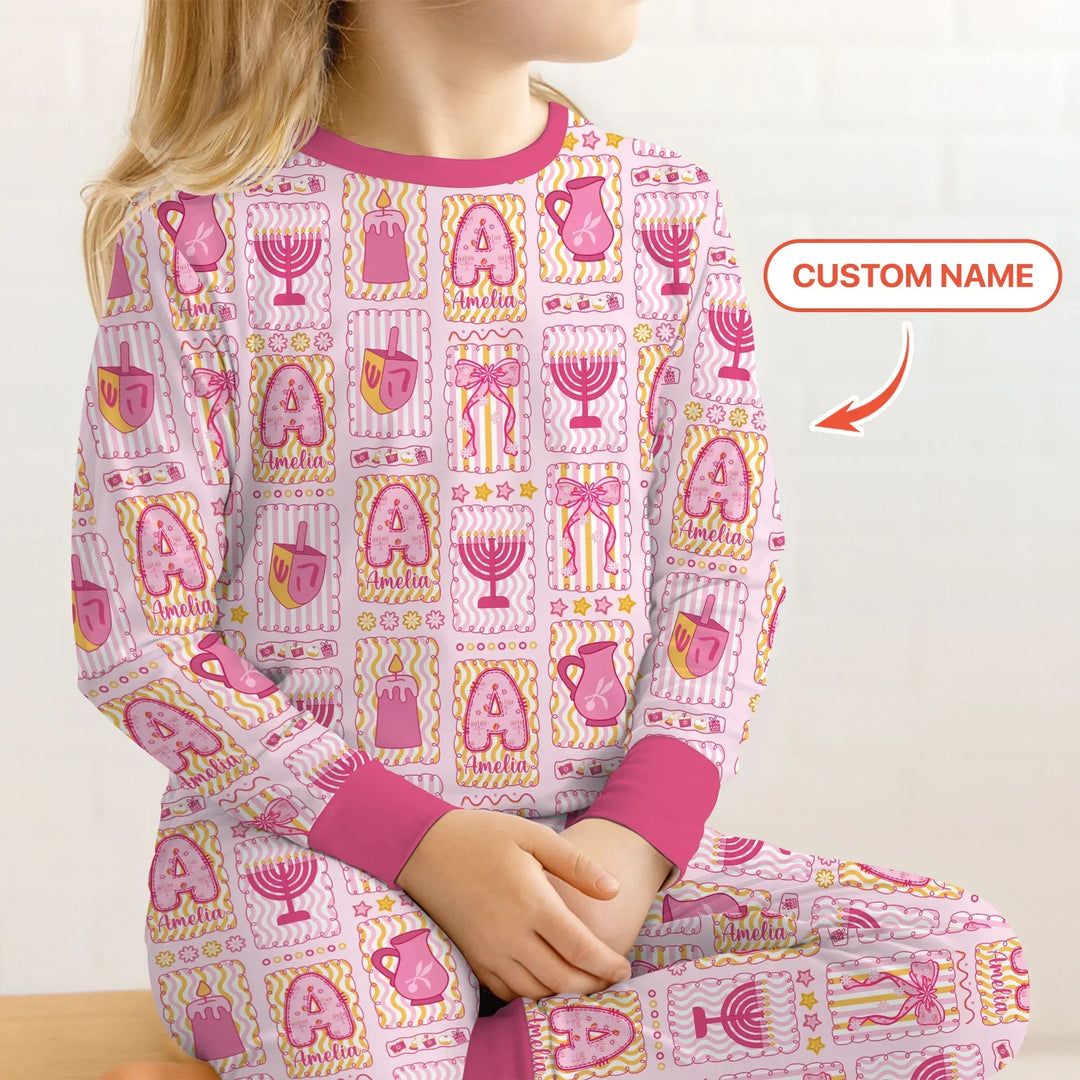 Custom Name Hanukkah Wonderland Bamboo Two Piece Long Sleeve Pajama Set