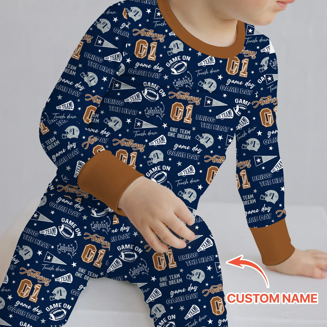 Custom Name Football Game Day Bamboo Two Piece Long Sleeve Pajama Set