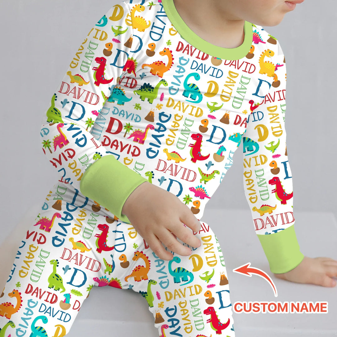 Personalized Fantasy Dinosaur Word Bamboo Two Piece Long Sleeve Pajama Set