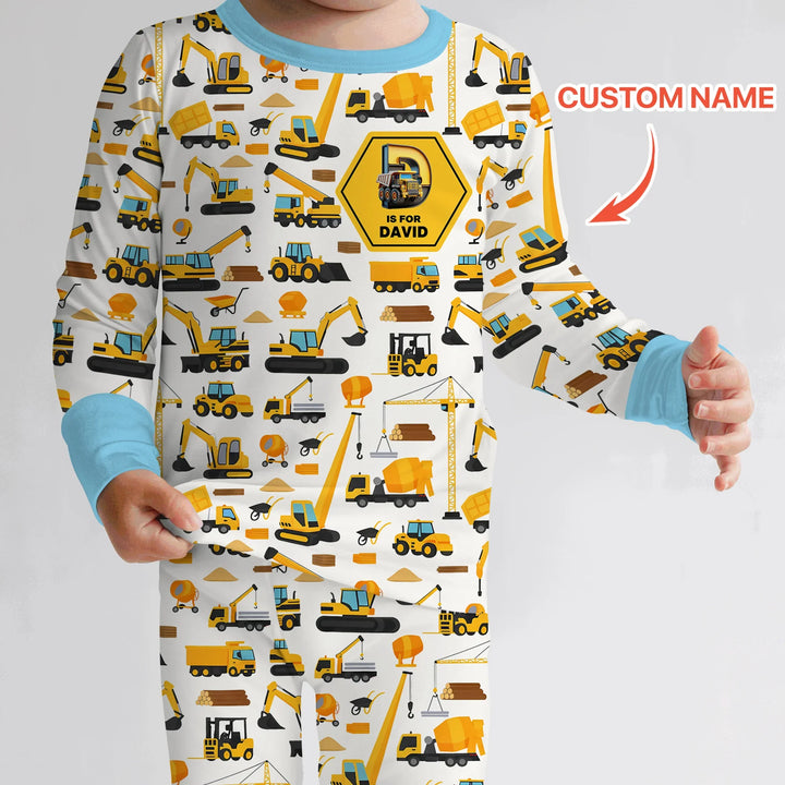 Custom Name Construction Initials Bamboo Two Piece Long Sleeve Pajama Set