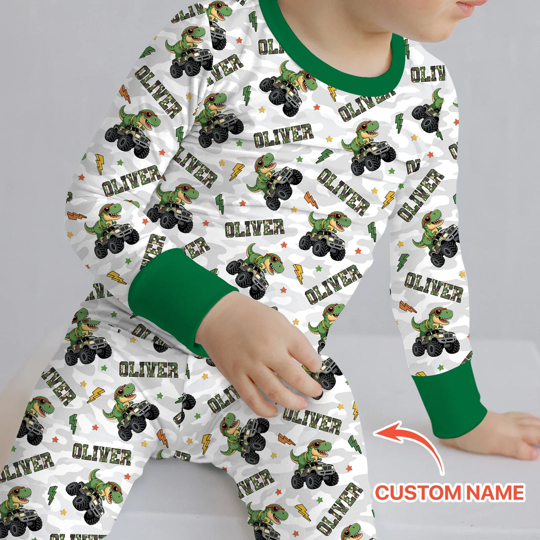 Custom Name Camo Trucker Dino Bamboo Two Piece Long Sleeve Pajama Set