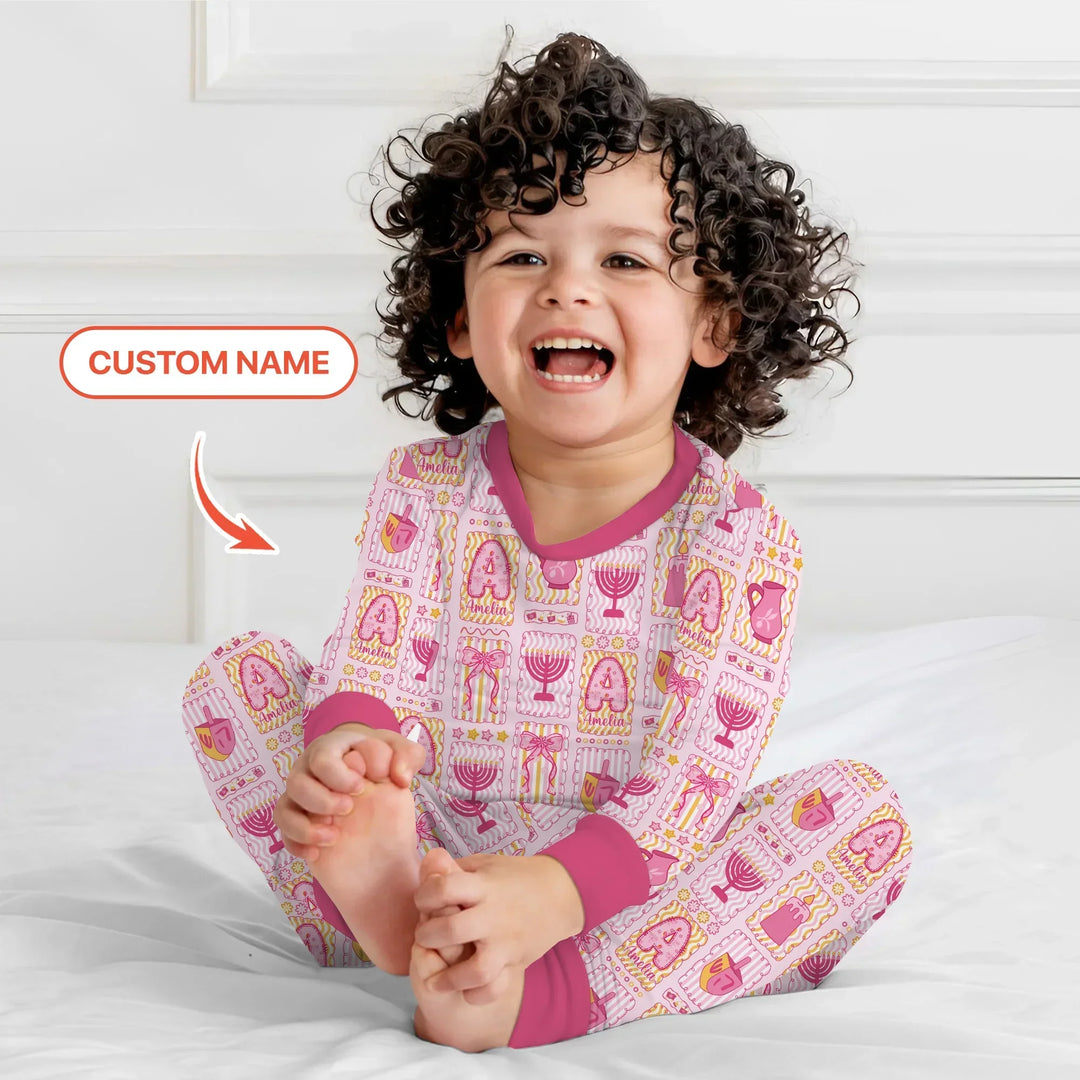 Custom Name Hanukkah Wonderland Bamboo Two Piece Long Sleeve Pajama Set