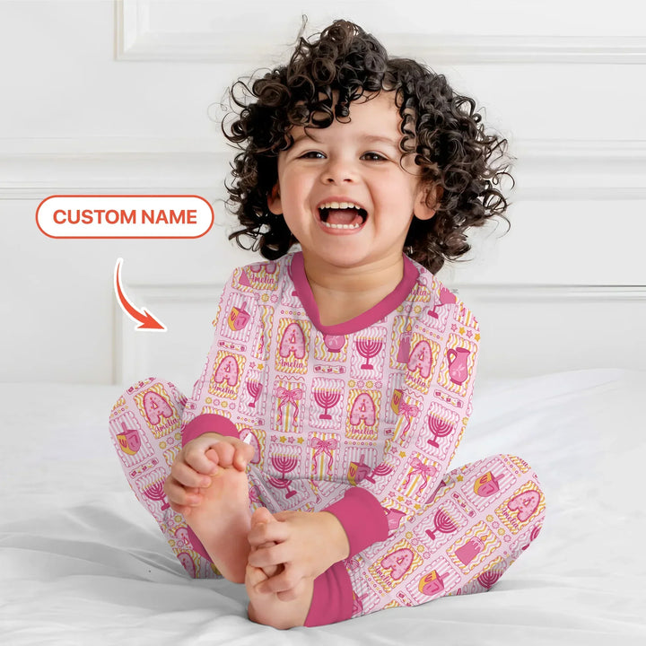 Custom Name Hanukkah Wonderland Bamboo Two Piece Long Sleeve Pajama Set