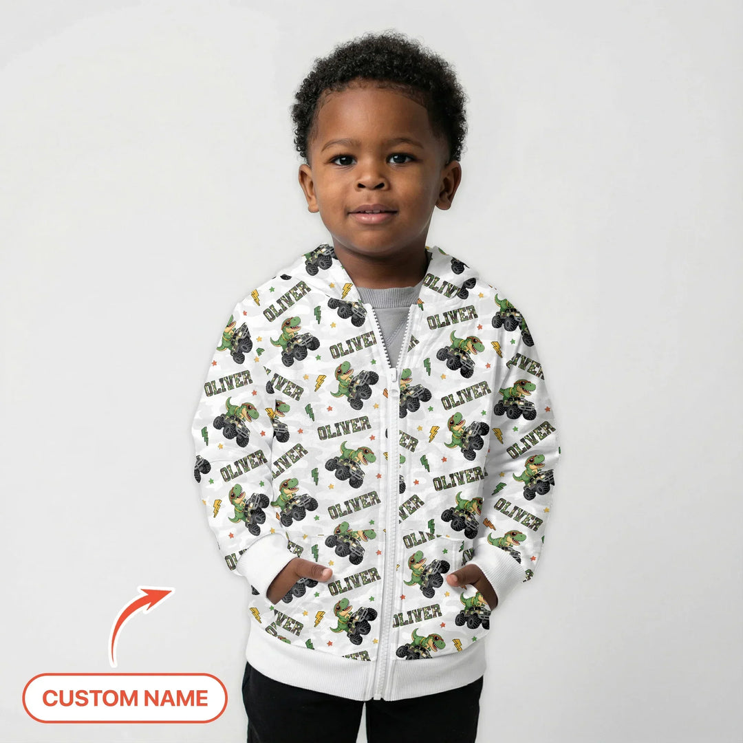 Custom Name Camo Trucker Dino Bamboo Zip Hoodie