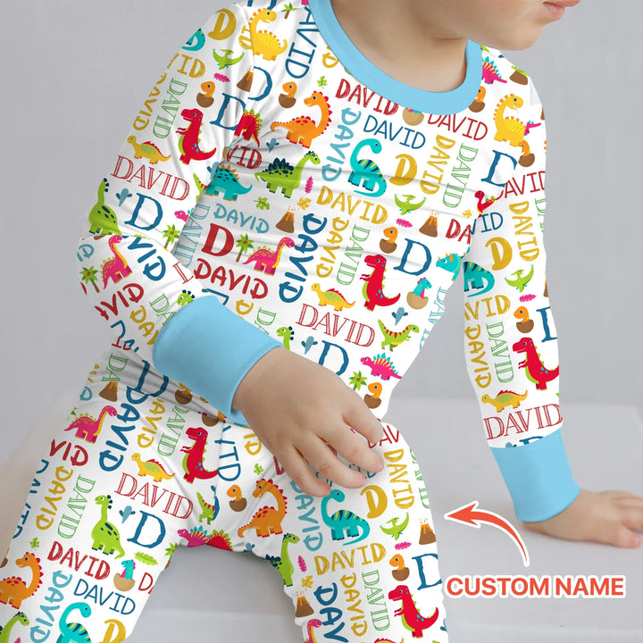 Personalized Fantasy Dinosaur Word Bamboo Two Piece Long Sleeve Pajama Set