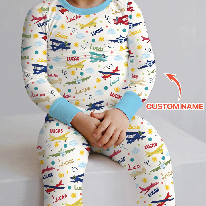 Custom Name Air Transport Bamboo Two Piece Long Sleeve Pajama Set