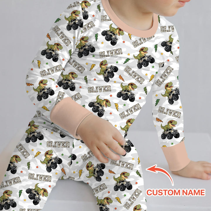 Custom Name Camo Trucker Dino Bamboo Two Piece Long Sleeve Pajama Set
