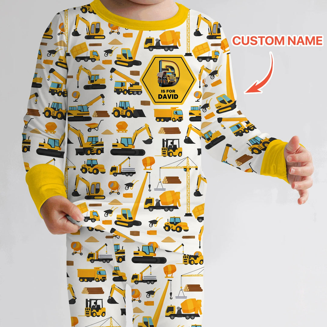 Custom Name Construction Initials Bamboo Two Piece Long Sleeve Pajama Set