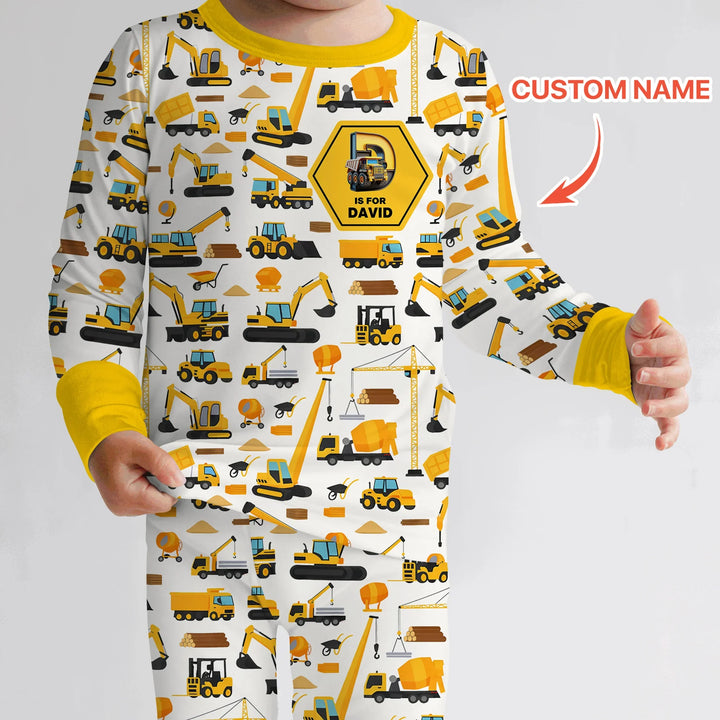 Custom Name Construction Initials Bamboo Two Piece Long Sleeve Pajama Set