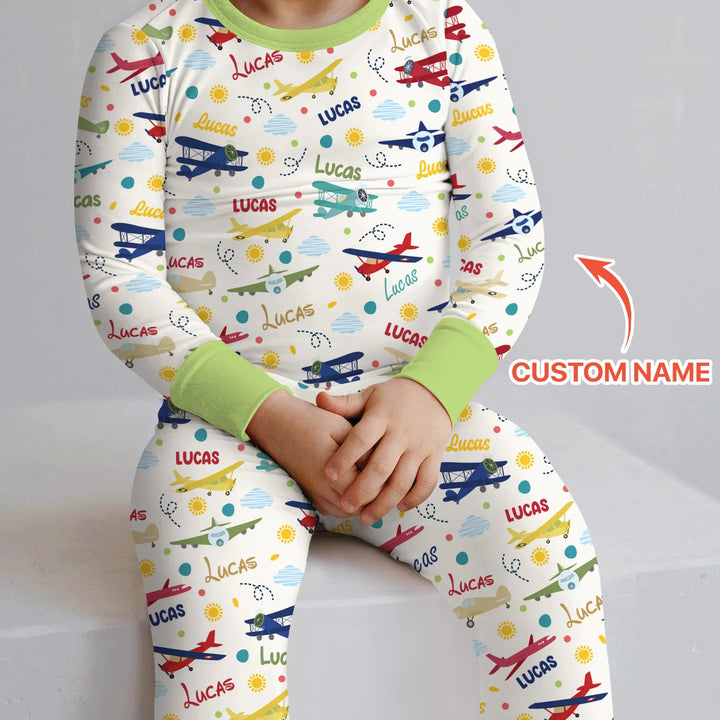 Custom Name Air Transport Bamboo Two Piece Long Sleeve Pajama Set
