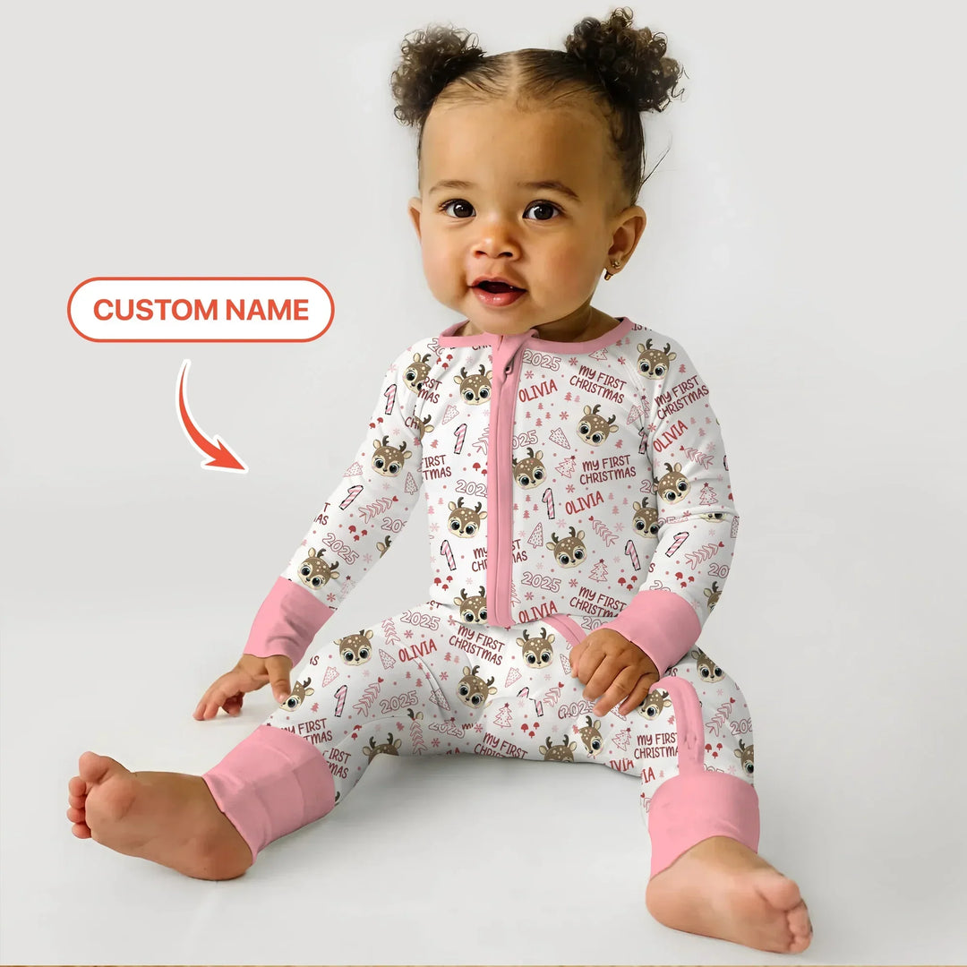 Custom Name Cute Reindeer My First Christmas Bamboo Convertible Zippy