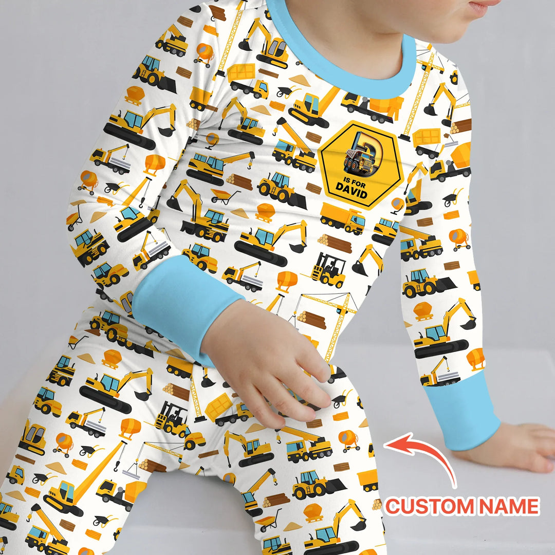 Custom Name Construction Initials Bamboo Two Piece Long Sleeve Pajama Set