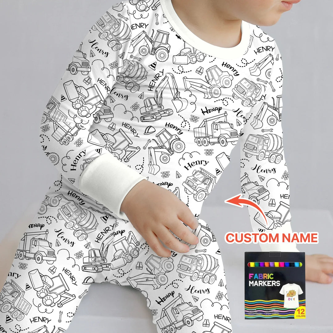 Construction Vehicules Custom Name Colorable Bamboo Two Piece Long Sleeve Pajama Set
